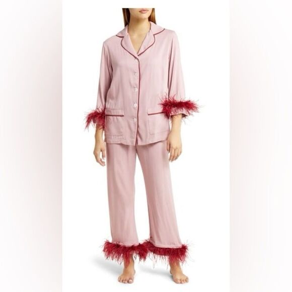 Sleeper Pink/Red Pajama Double  Ostrich Feather Pants & Button Up NWT $395.00 - Picture 2 of 12